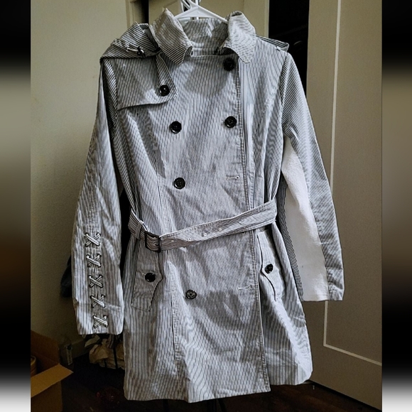 MICHAEL KORS Womens Small Classic Preppy Logo Rain Trench Coat Blue Striped - Picture 5 of 11